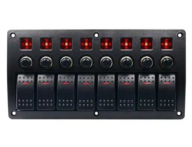 On Off Aluminium Rocker Switch Panel Waterproof 8 Gang 3 Pin Circuit Breaker Overload Protection