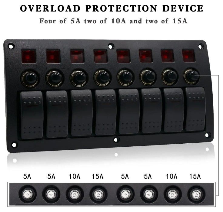 On Off Aluminium Rocker Switch Panel Waterproof 8 Gang 3 Pin Circuit Breaker Overload Protection