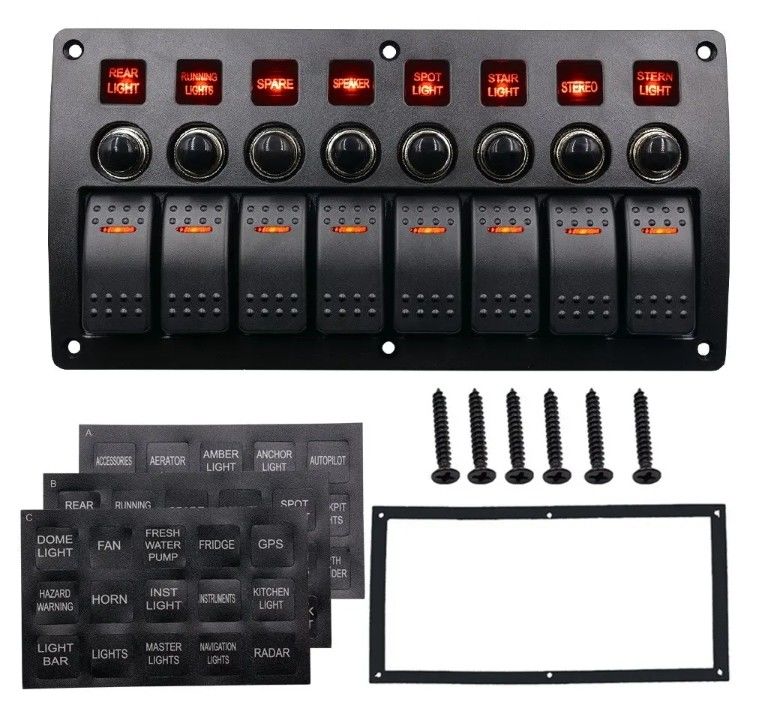 On Off Aluminium Rocker Switch Panel Waterproof 8 Gang 3 Pin Circuit Breaker Overload Protection