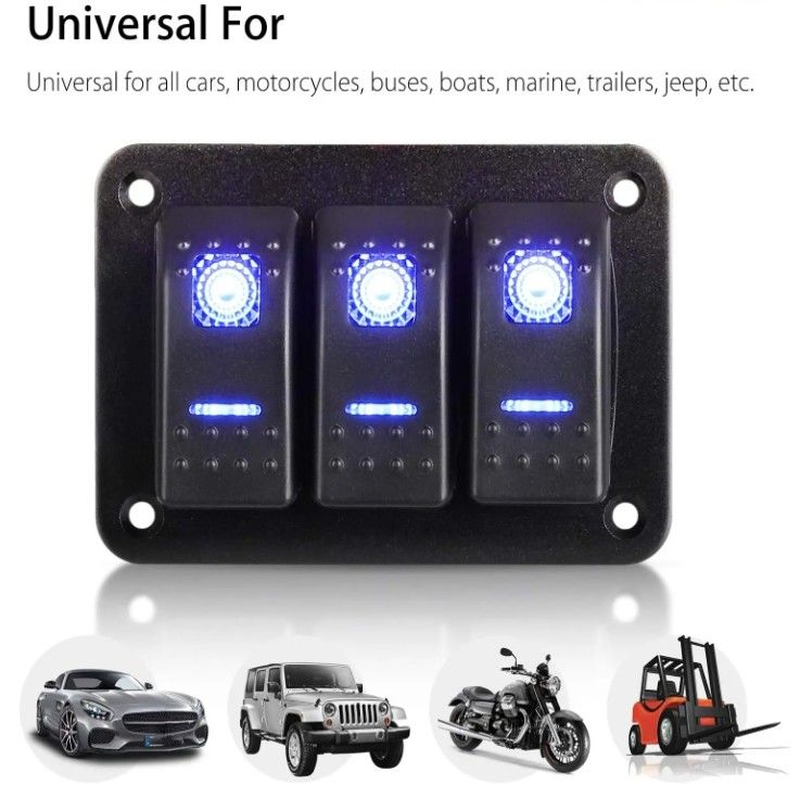 DC 12V 24V Blue LED Backlit 3 Gang Aluminum 5 Pin ON Off Toggle Rocker Switch Panel