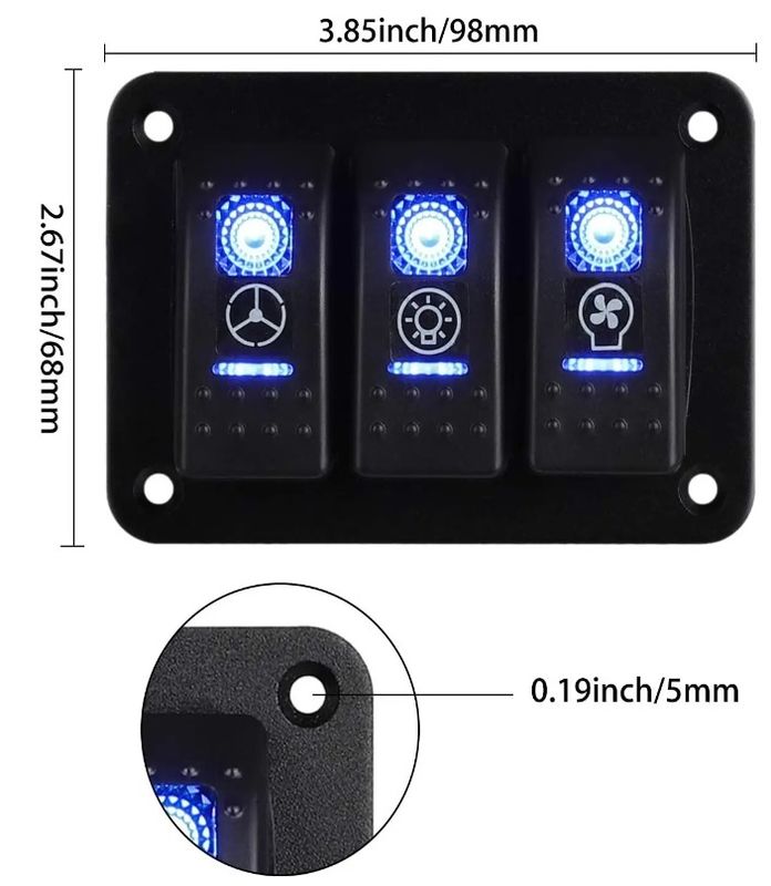 DC 12V 24V Blue LED Backlit 3 Gang Aluminum 5 Pin ON Off Toggle Rocker Switch Panel
