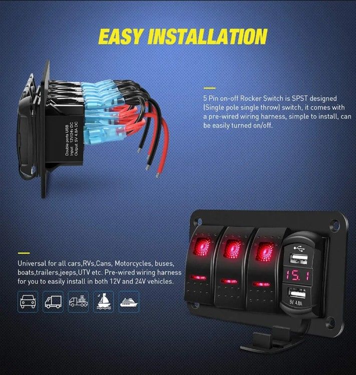 DC12V 24V 3 Gang Red LED Light Rocker Switch Panel Box With Dual 4.8A USB Charger Voltmeter For Car Marine Trucks Boats