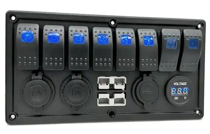 12V 8 Way Gang Rocker Switch Panel With W/ 50A Dual Anderson Plugs Accessory Power Socket & Dual USB