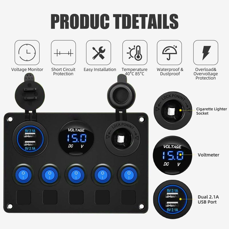 5 Gang Waterproof Rocker Switch Panel With Dual USB Slot Socket With Blue LED Lights