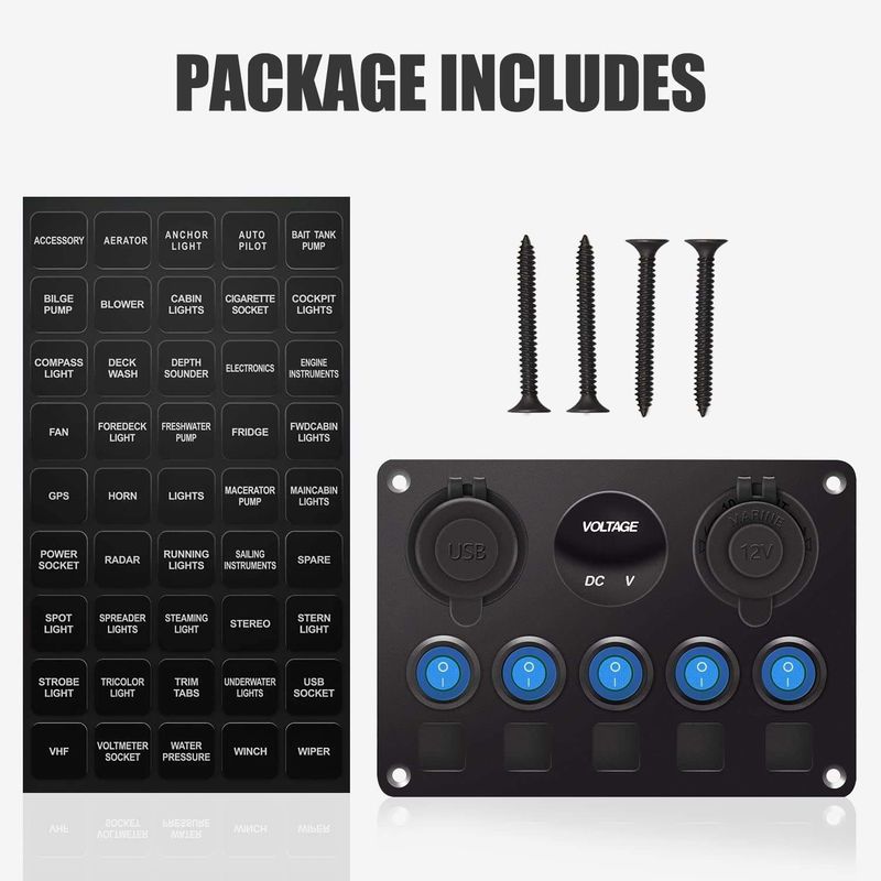 5 Gang Waterproof Rocker Switch Panel With Dual USB Slot Socket With Blue LED Lights