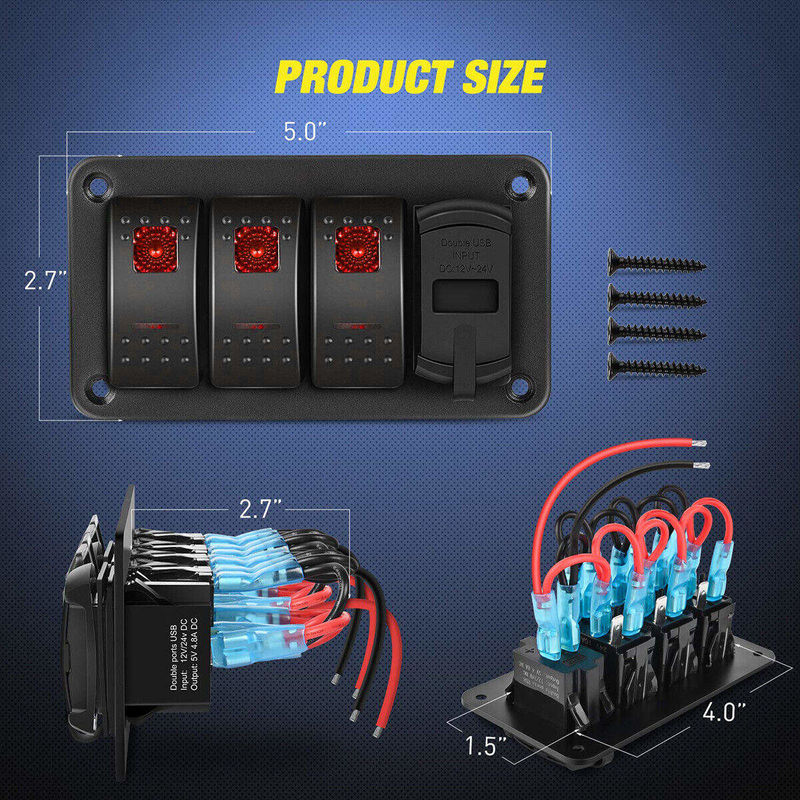 DC12V 24V 3 Gang Red LED Light Rocker Switch Panel Box With Dual 4.8A USB Charger