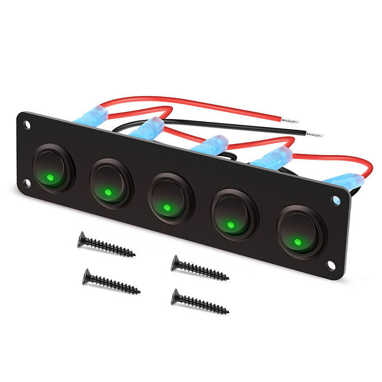 5 Gang Rocker Switch Panel 20A 3 Pin On Off 12V Green Toggle Switch For Cars Trucks Boats