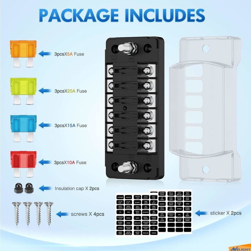 12V-24V DC 6 Way Fuse Block With Negative Bus Atc/Ato Standard Automotive Fuse Boxes